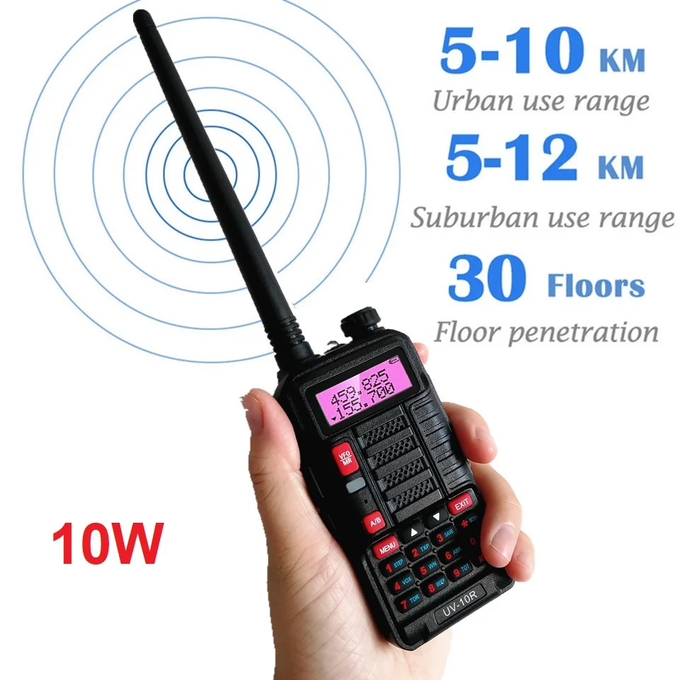 Baofeng Walkie Talkie 10W UV-10R Black Color Long Range Amateur Radio Transceiver VHF UHF Dual Band Ham Radio Station for Truck