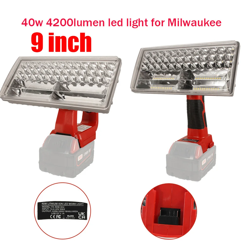 

9 inch 40W LED Lamp For Milwaukee M18 18V Li-Ion Battery Indoor Outdoor LED Working Light Spotlight Portable Flashlight With USB