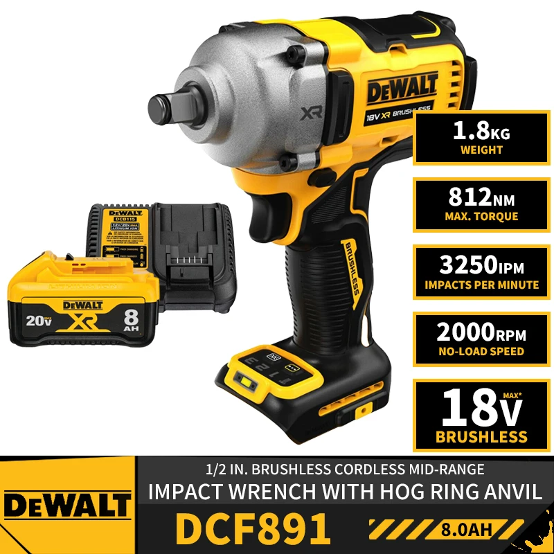 

DEWALT DCF891 1/2in Mid-Range Impact Wrench With Hog Ring Anvil 18V Lithium Power Tools 812NM 3250IPM With Battery Charger