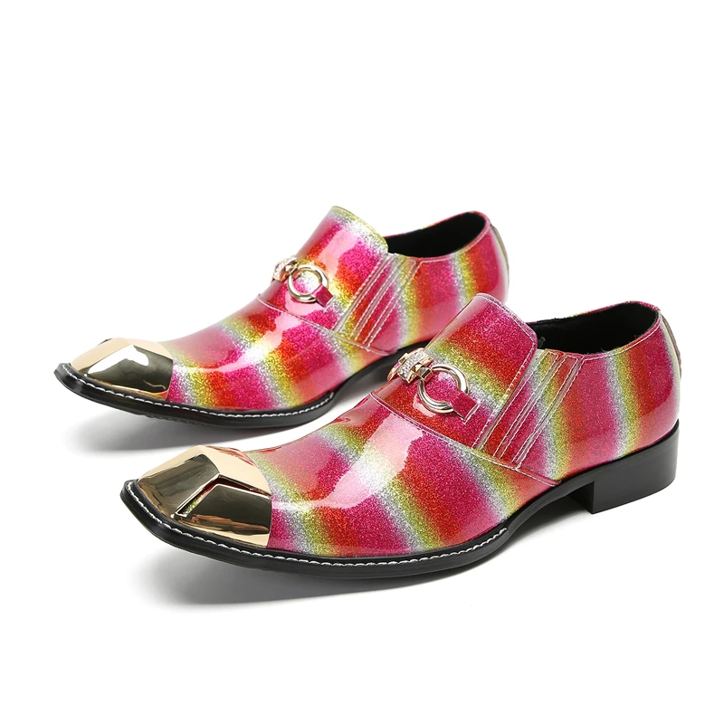 

2023 Fashion Patchwork Evening Shoes Social Pointed Toe Plus Size Prom Shoes British Style Patent Leather Male Party Shoes