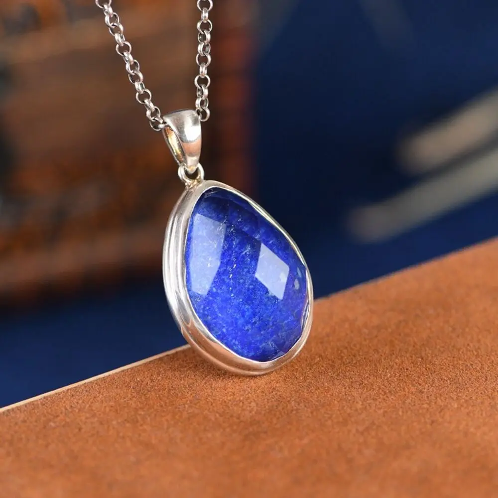 

Pure S925 Sterling Silver Natural Lapis Lazuli Crystal Lucky Water Drop Pendant