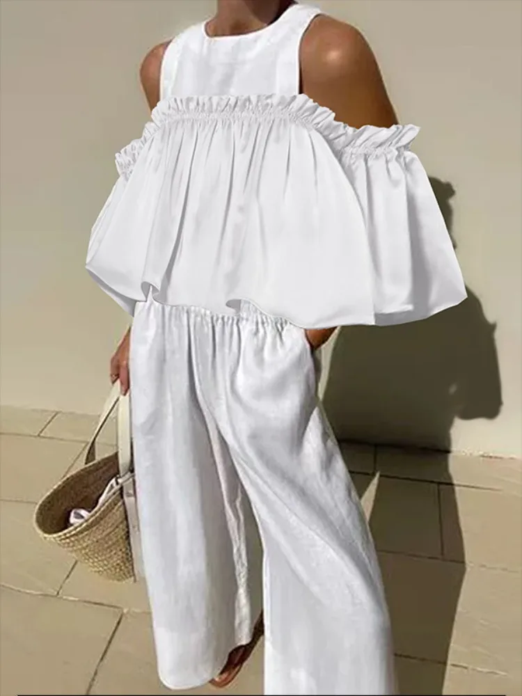 Свободная Женская футболка свободного кроя с открытыми плечами и оборками