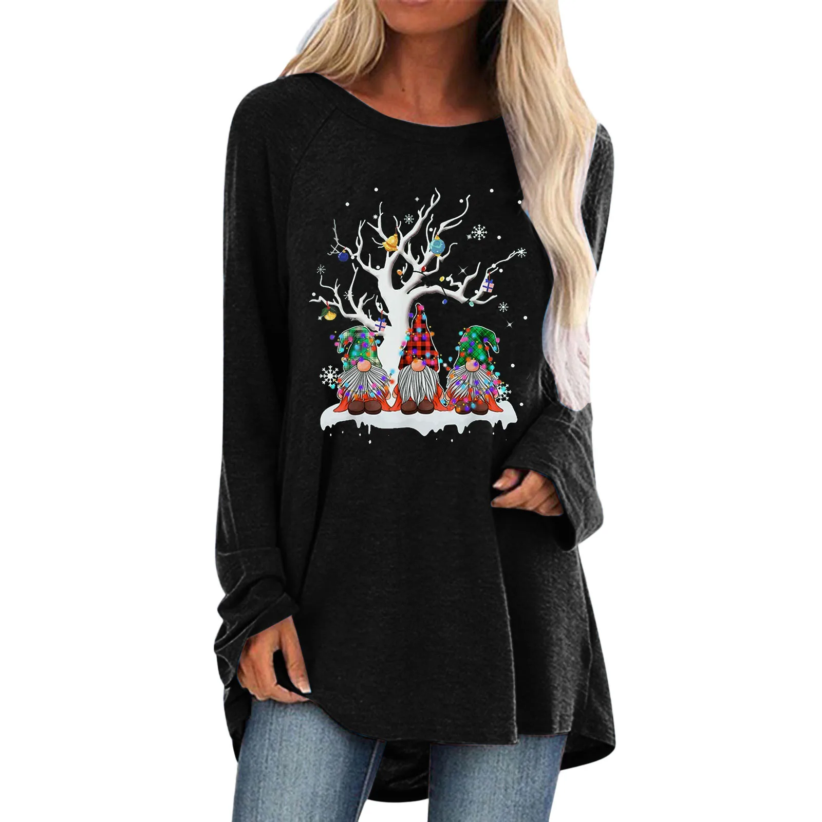 

Women'S Christmas T Shirt Xmas Top Loose Round Neck 3d Santa Claus Tree Printed Long Sleeved Shirts Dress Female Blouses