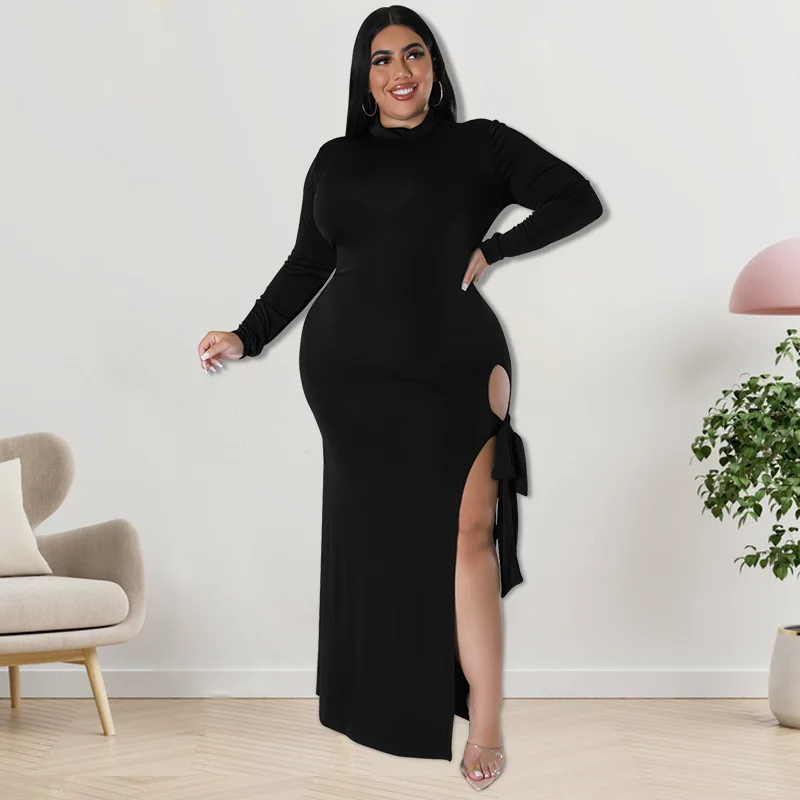 2022 Fall/Winter Women's Clothing Long Sleeve Slit Sexy Hollow Plus Size Dress Women's Party Clothing Fashion Trend Long Dress