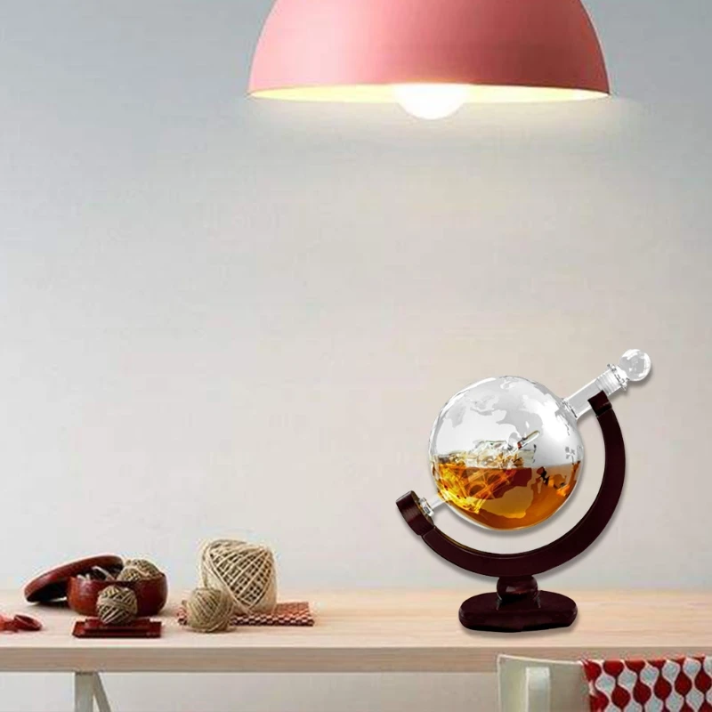 

Liquor Bourbon Vodka Wine Glass Decanter Globe with Wood Stand Whiskey Dispenser