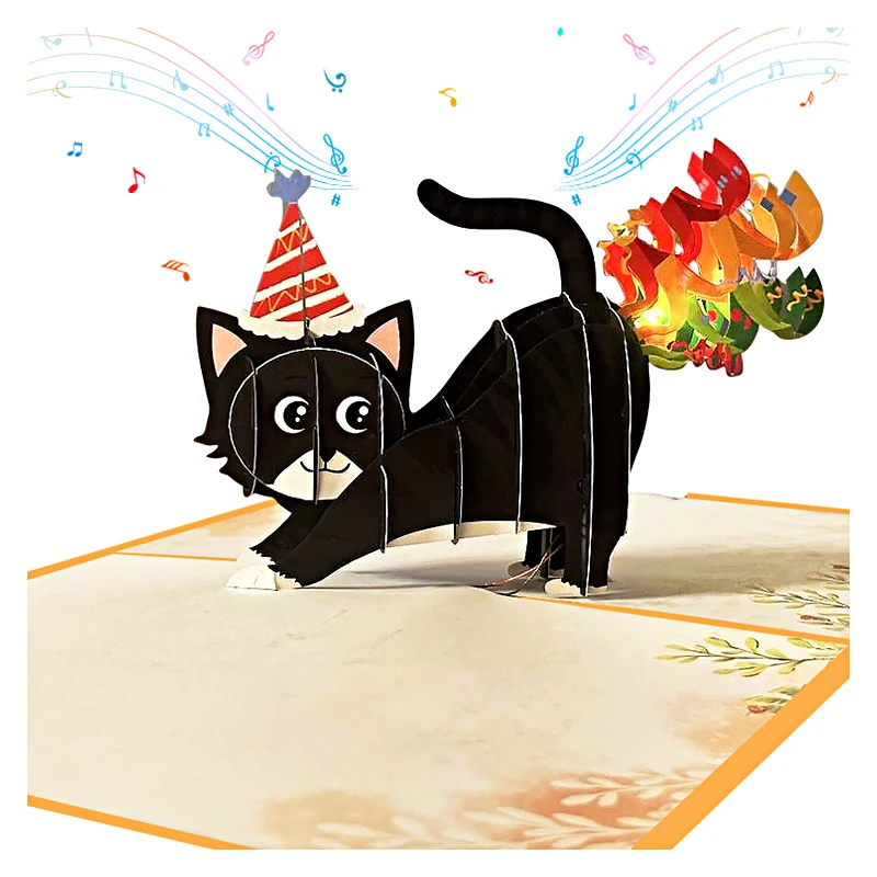 3D поздравительная открытка с радужным котом на день рождения со светодиодным