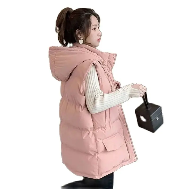 

2022 Vintag Hooded Down Cotton Vest Women's Autumn And Winter Long Cotton Clothes Loose Cotton Vest Jacket Sleeveless Parka Pink