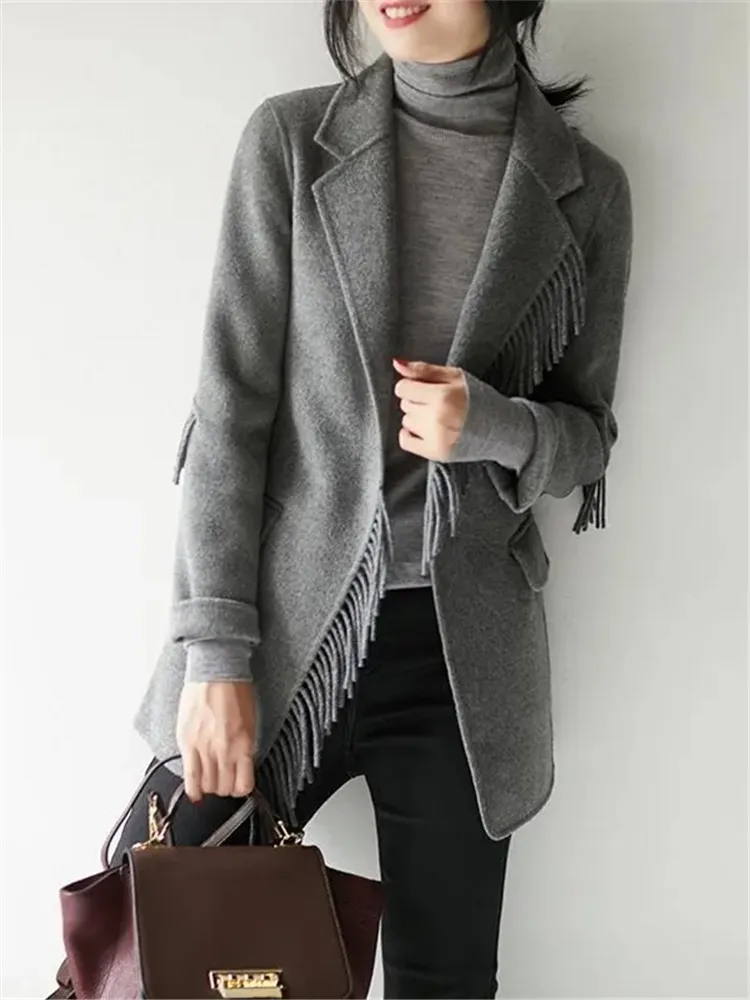 

2022 Spring Autumn Wool Blend Coat Cardigan Women's New Tassel Splice Woolen Blazer Jacket Female Fashion Black Gray Outerwear