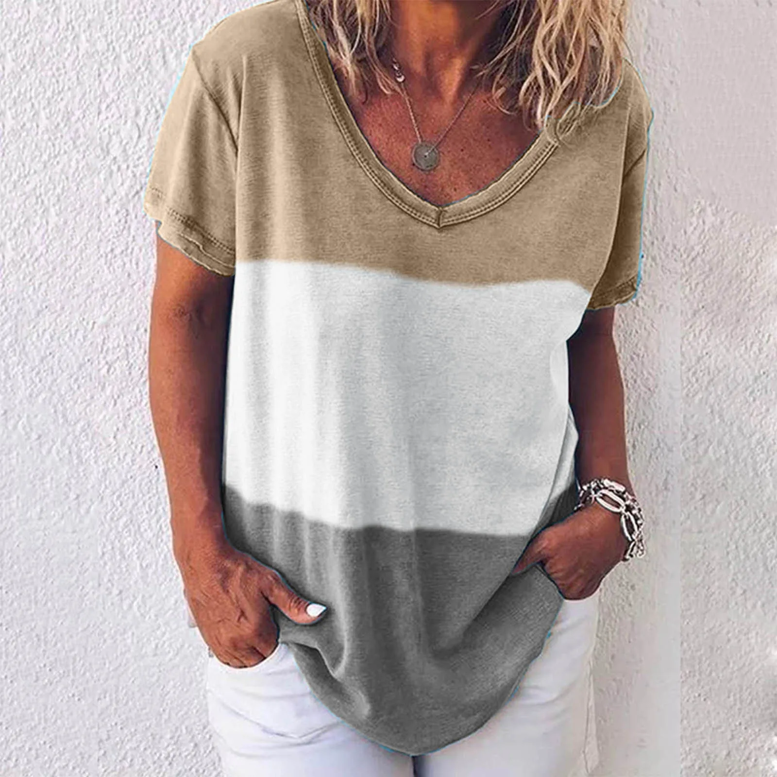 

Повседневная короткая туника с принтом в полоску, топы с V-образным вырезом, женская рубашка с буквами, футболка, женские блузки с длинным ру...