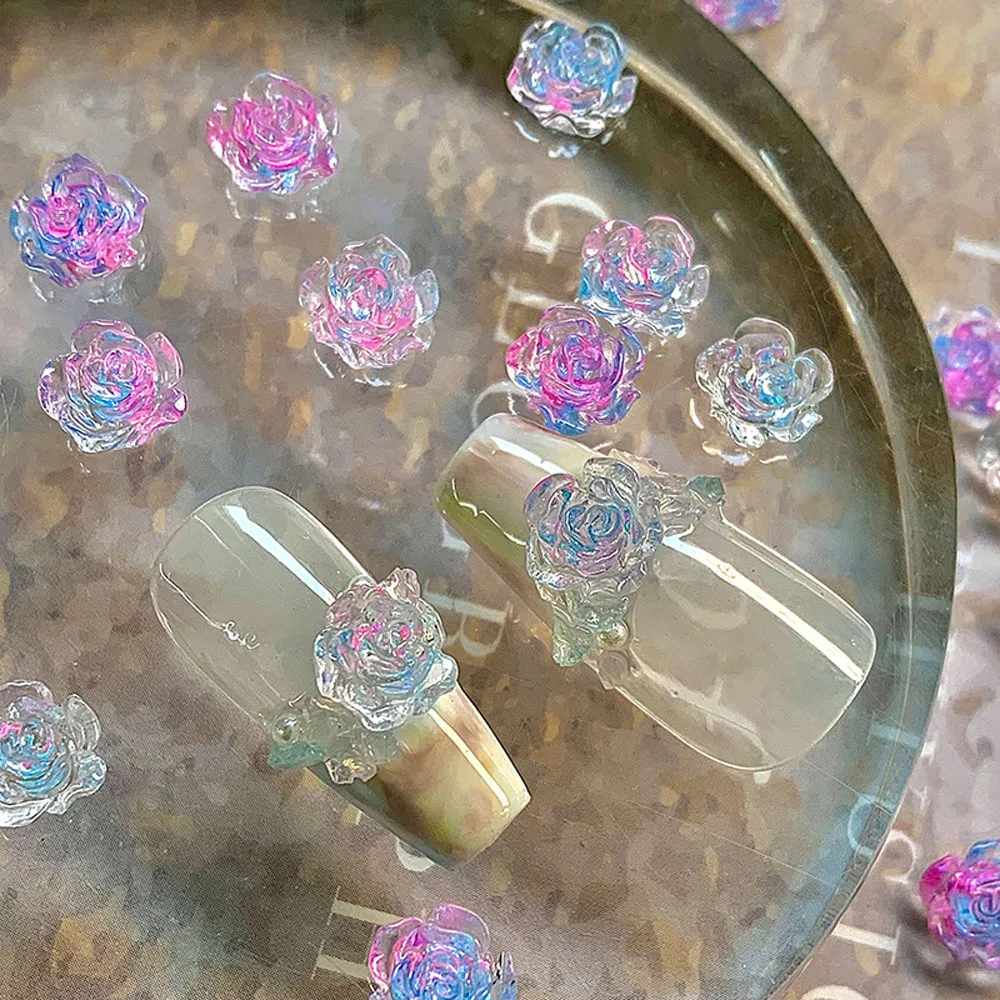 

500PC Gradient Enchantress Camellia Nail Decoration Ice Transparent Rouge Rose Resin Charms 3D Refined Flower Fake Nail Ornament