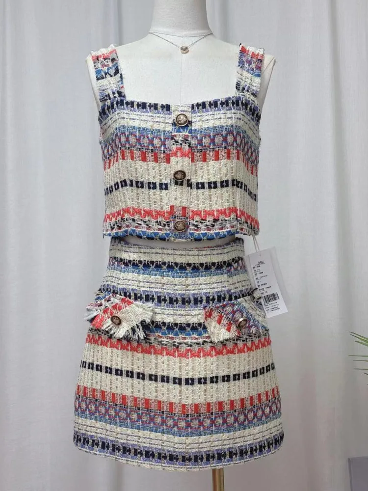 

Женский костюм из двух предметов, летний костюм из кроп-топа с бахромой и юбки, твидовый праздничный костюм, 2023