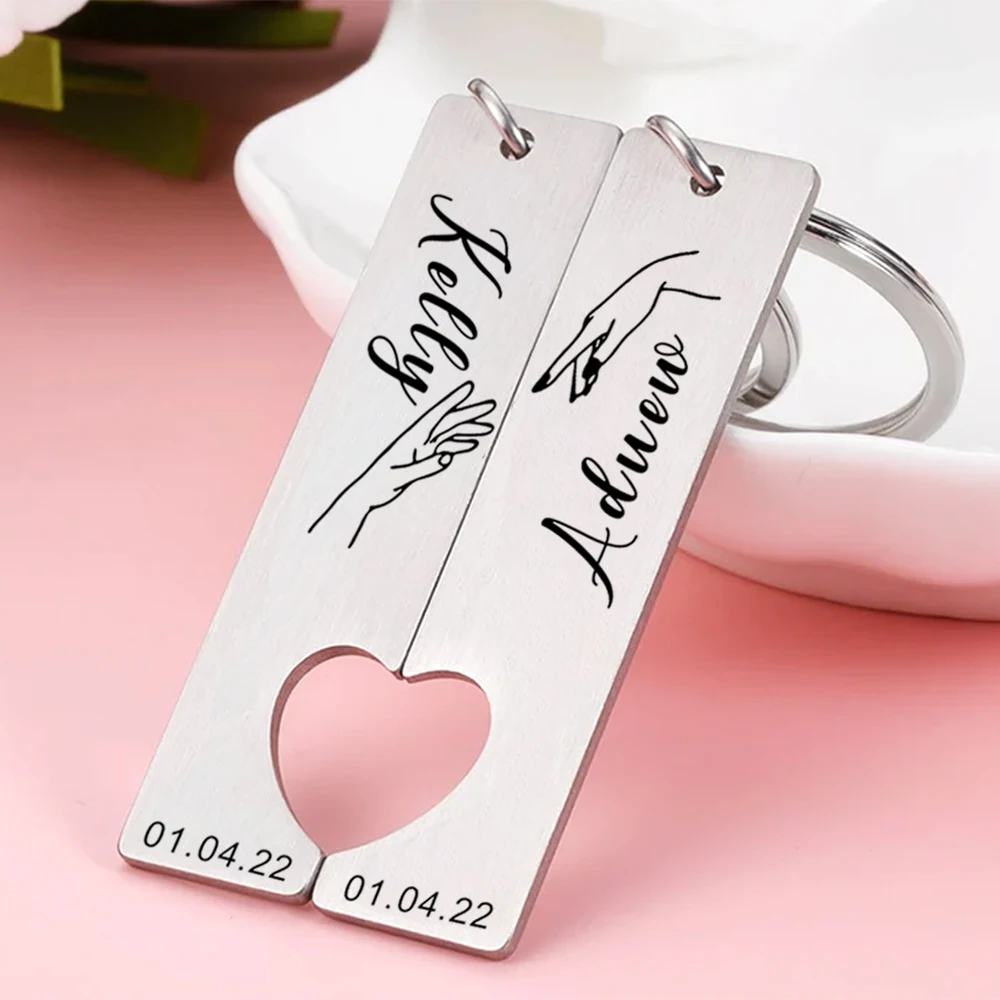 

2pc Personalized Custom Date And Name Heart Keychain,Anniversary Gift For Boyfriend,Matching Couple Keyring,Valentine's Day Gift