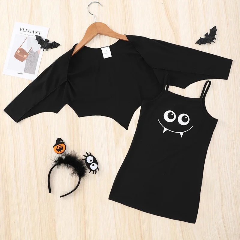 

2022 Winter Children Sets Long Sleeve O Neck Print Bat Black Cute 2Pcs Roupa Infantil Menina Clothes Sets 4-7T