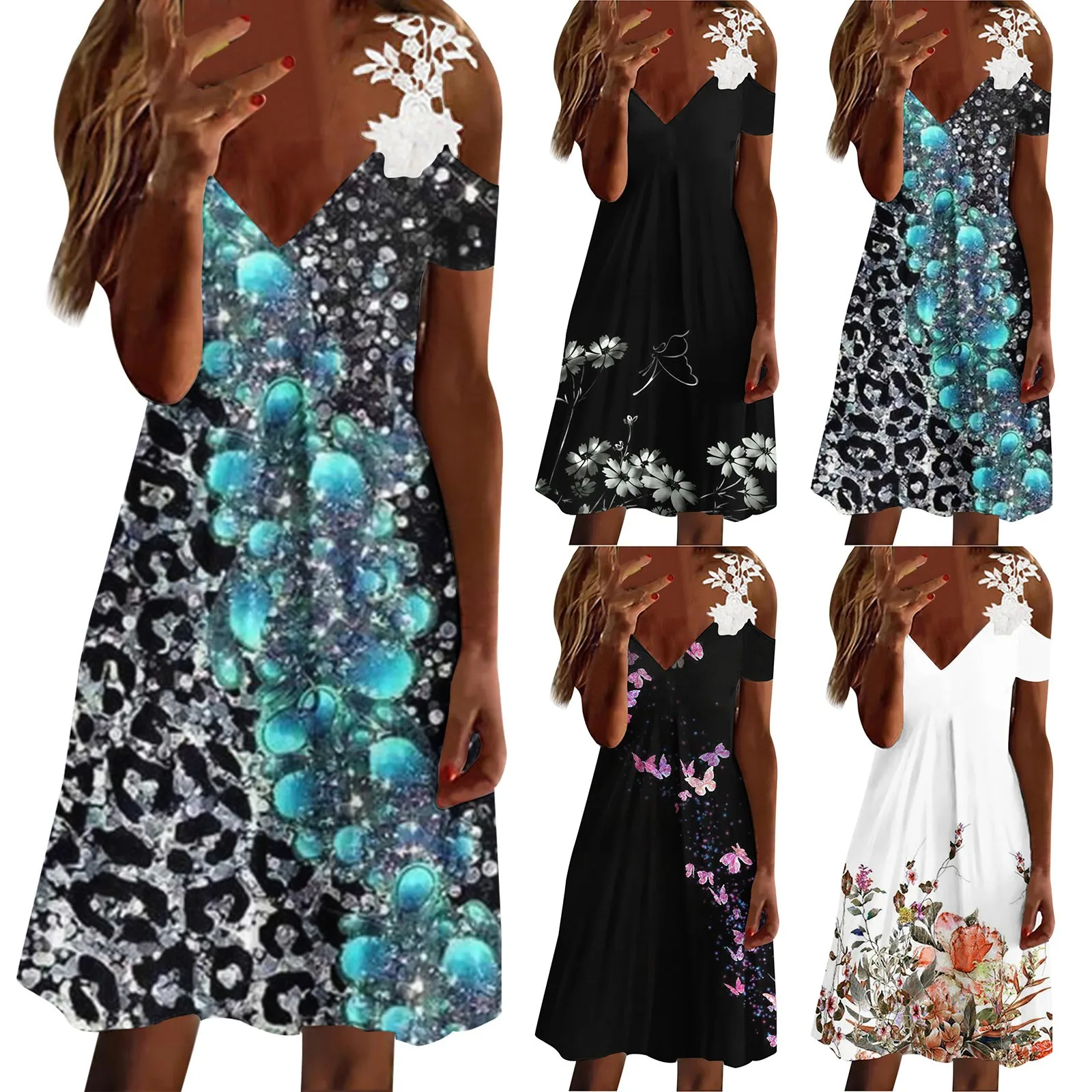 

Женское кружевное платье с цветочным принтом, Повседневное платье на бретельках с коротким рукавом, женское длинное платье