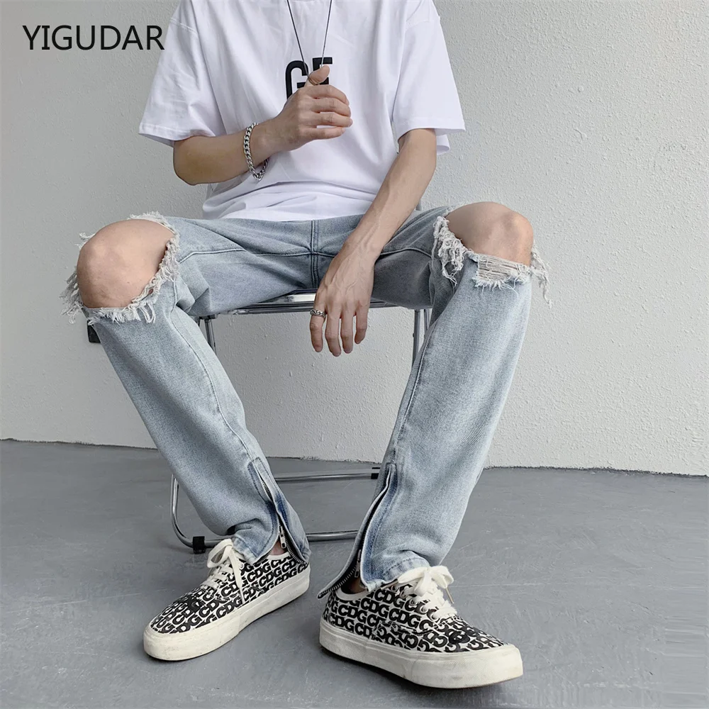 

Ripped Hole Retro Washed Mens Jeans Streetwear Distressed Casual Baggy Denim Trousers Harajuku Straight Vibe Style Loose Pants