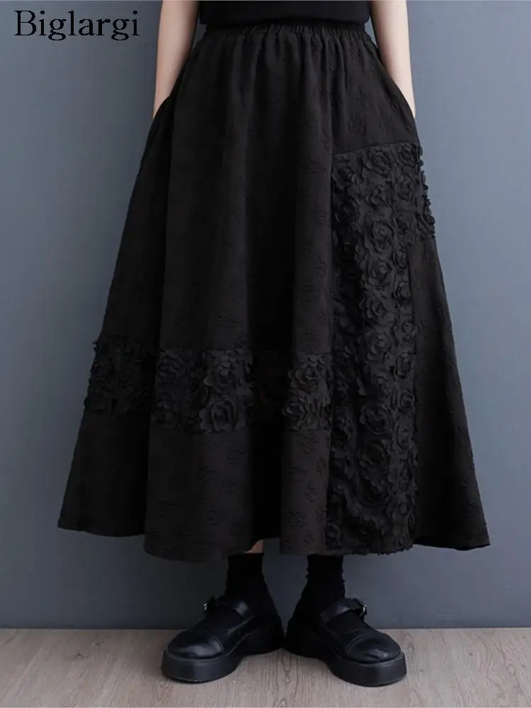 

Autumn Long Skirts Women Black Patchwork Flower Print Ruffle Pleated Ladies Skirts Casual Loose Fashion Woman Skirts 2023