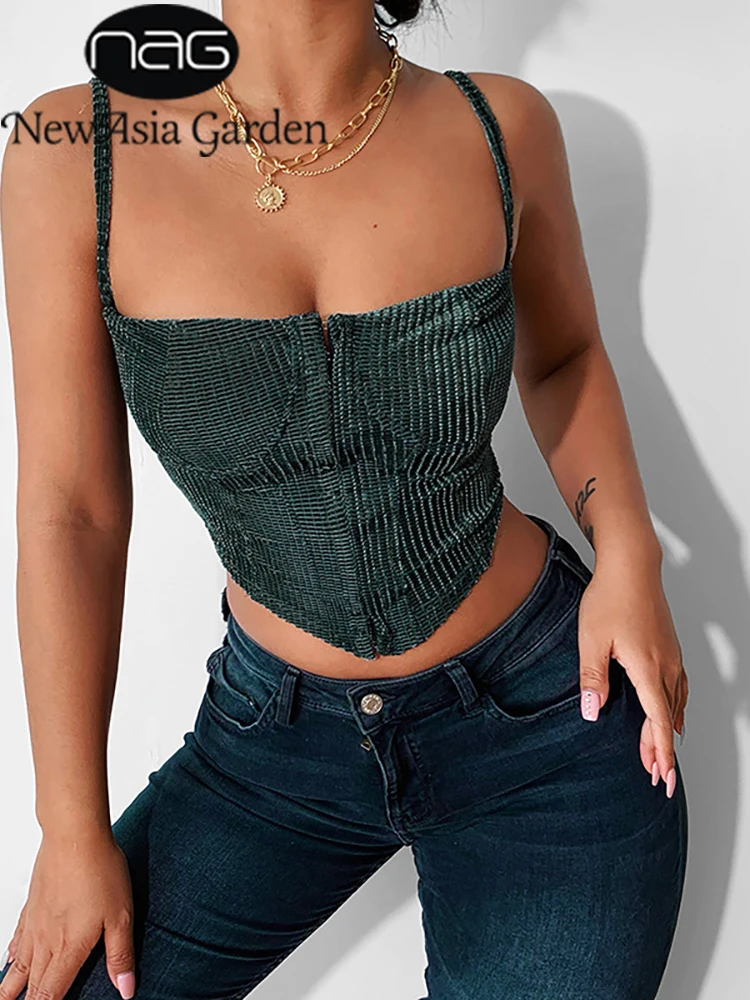 

NewAsia Corduroy Tank Top Backless Buttons up Adjustable Strap Bodycon Cami Slim Fit Green Summer Sexy Party Elegant Women Top