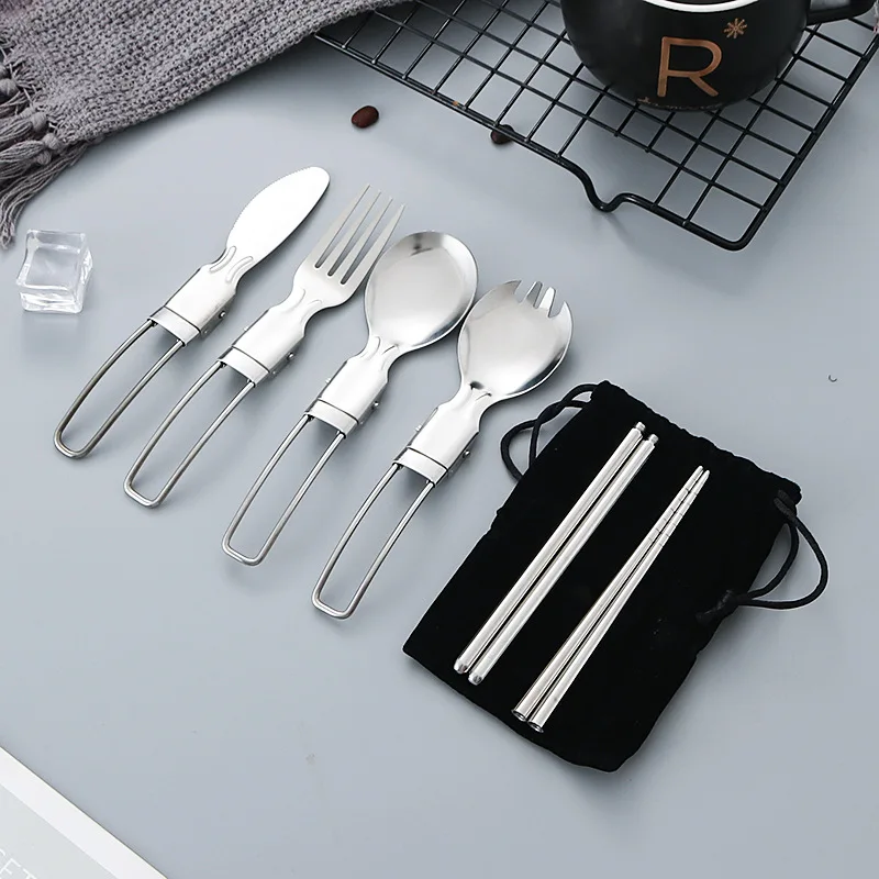

304 Folding Cutlery Set Salad Spoon Fork Chopsticks Folding Spoon Outdoor Picnic Travel Portable Folding
