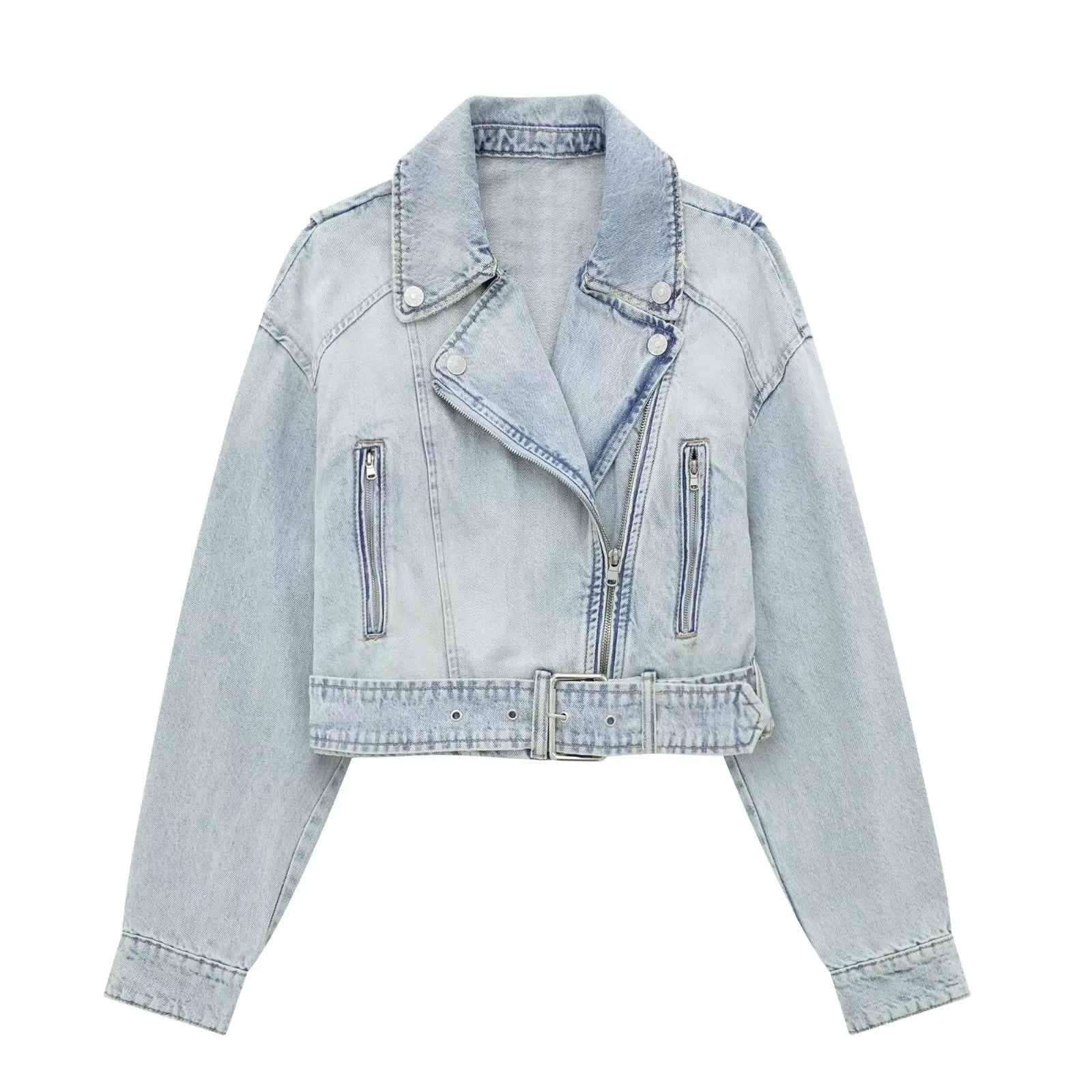 

TRAF Fashion Denim Jackets for Women 2023 Turn-down Collar Long Sleeve Jacket Coat with Belt Female Chic Casual Outerwear New In