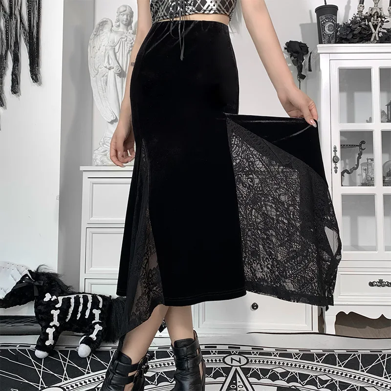 

Black Velt Punk Cosplay Skirts Gothic Darkness Skirt Casual Loose Streetwear Skirts Summer Mesh Irregular Women Hippie Skirt Y2k