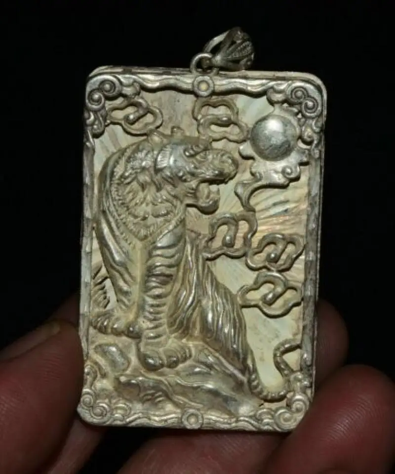 

6Cm Rare Chinese Miao Silver Feng Shui 12 Zodiac Year Tiger Luck Amulet Pendant