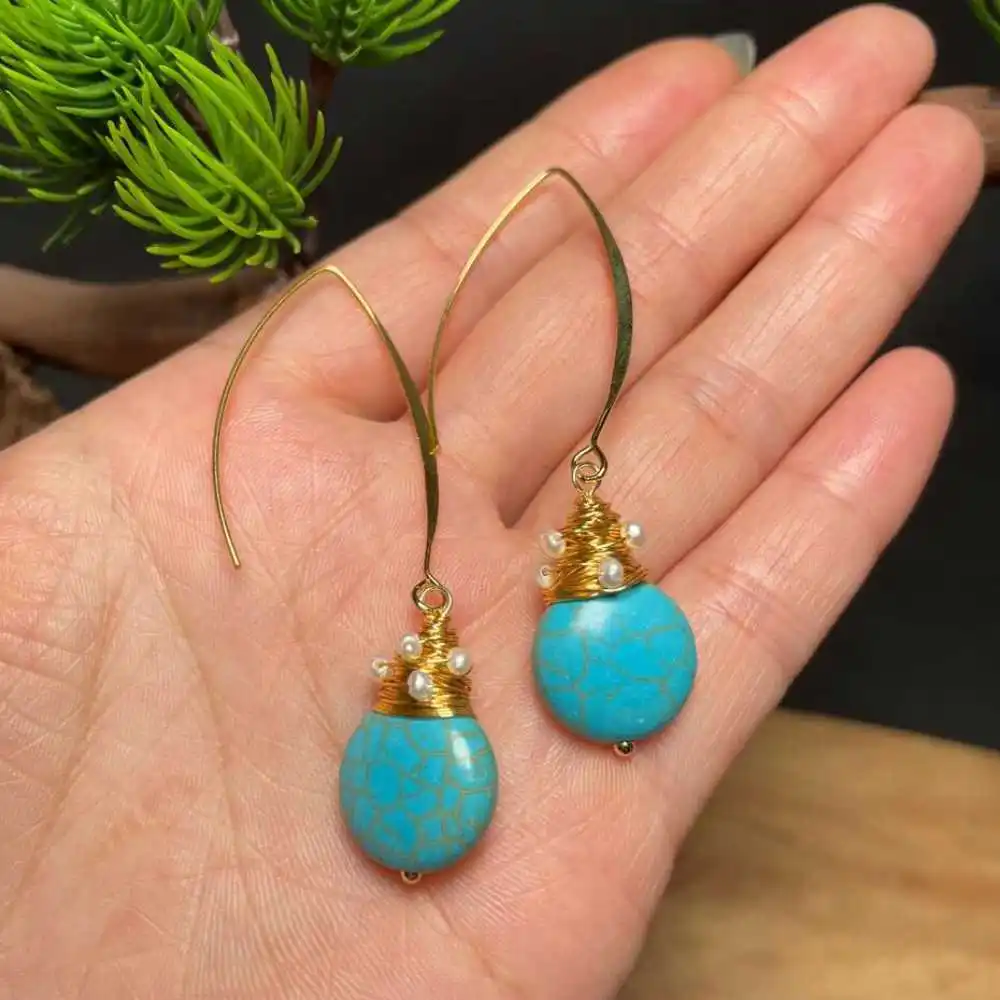 

Turquoise Rice pearls winding Earrings 18k Hook Eardrop Beautiful Ear stud Classic FOOL'S DAY Jewelry Diy Mother's Day Cultured