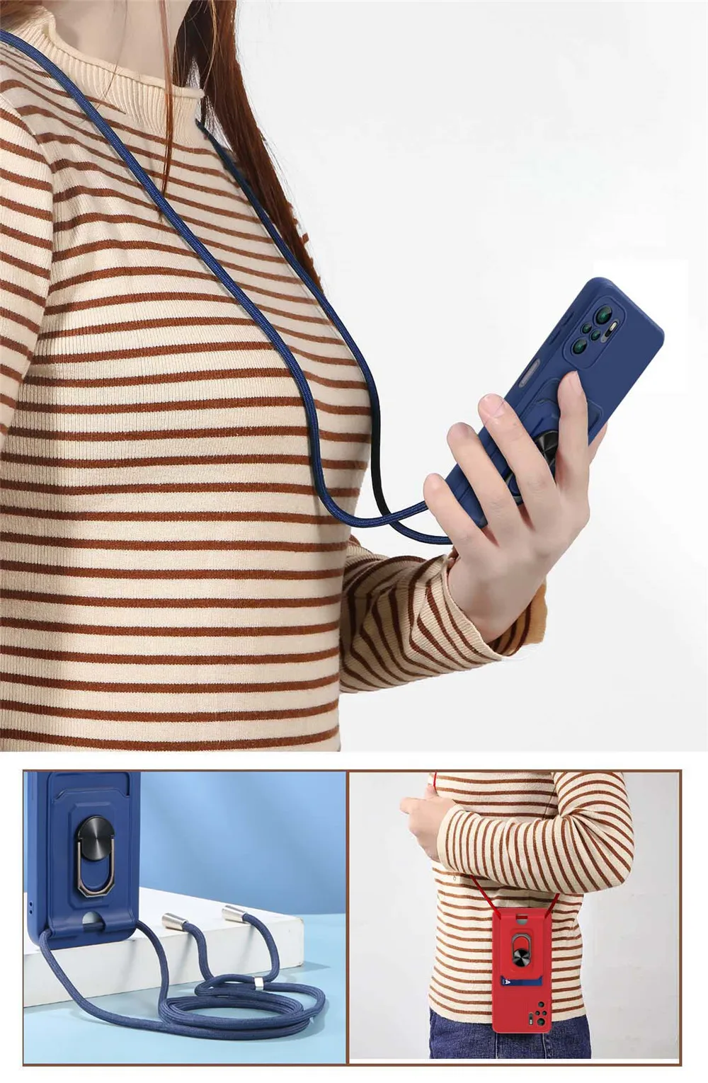 Lanyard Rope Ring Stand Case For Xiaomi Redmi Note 10 9 Pro Max 10S 9S 10 9T 9A 9C Mi POCO X3 F3 M3 11T Card Holder Soft Cover images - 6