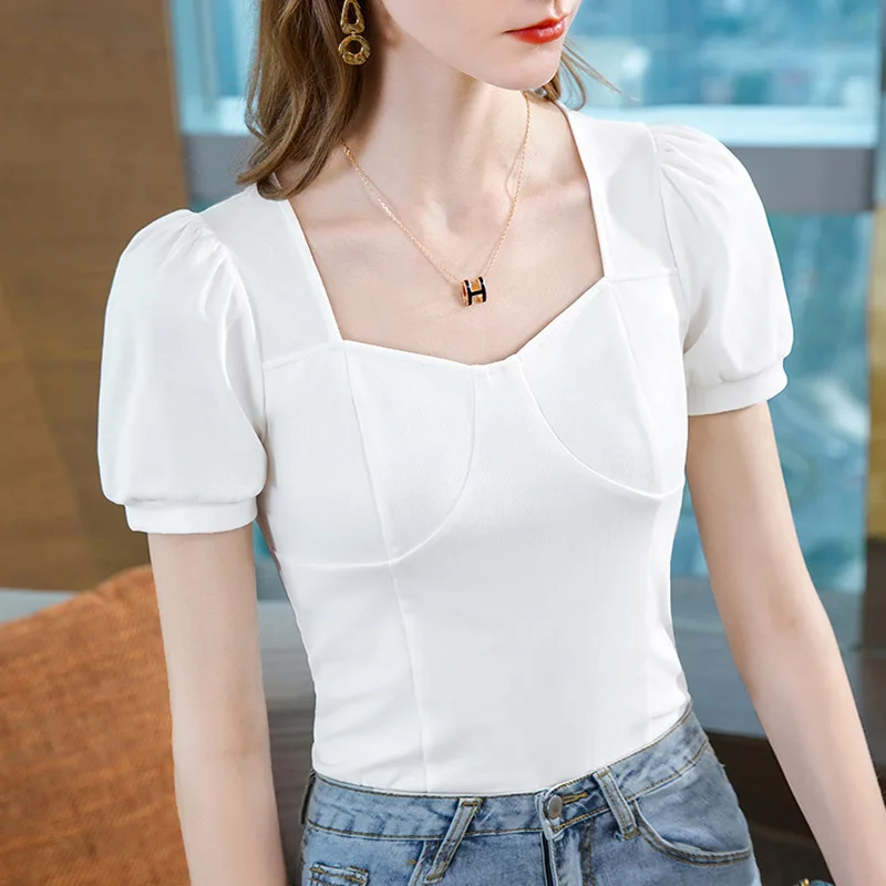 

Футболка женская хлопковая с коротким рукавом, квадратным вырезом и буффами на талии