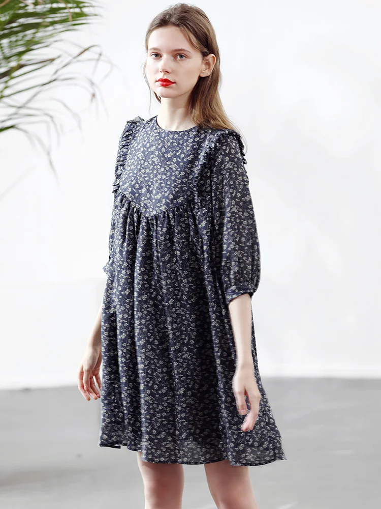 Miccbeirn 2019 Summer Dress For Women Ramie And Cotton Print Floral Long Three Quarter Sleeve Dress ZHI81201