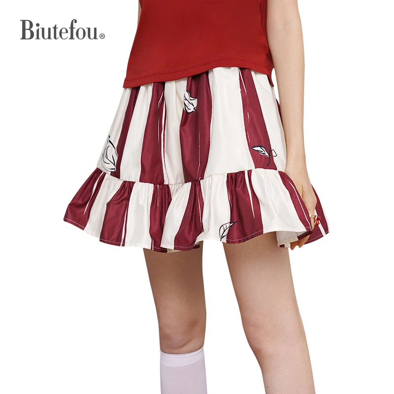 

2022 New Arrival Summer Women Cherry Painted Striped Puffer Skirt