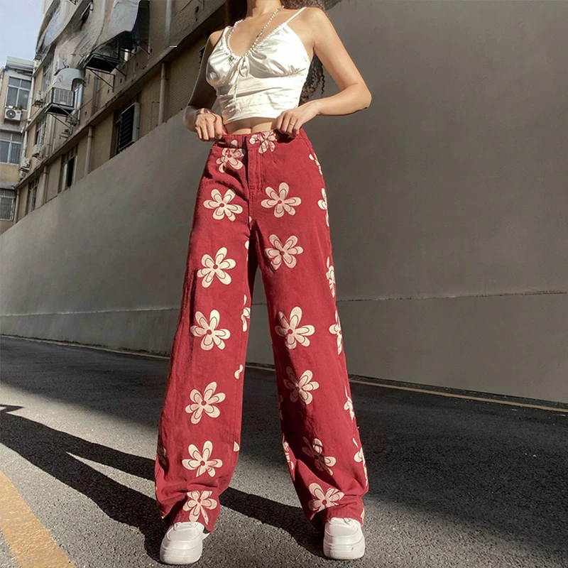 

Weekeep Autumn Y2k Jeans Women High Waist Baggy Denim Straight Pants Streetwear Floral Casual Fashion Trousers Chic Red Clothing