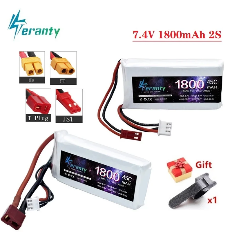 

2PCS 7.4v 1800mAh 45C LiPo Battery With T JST XT30 XT60 Plug For RC Quadcopter Helicopter Car Boat Drones Spare Parts 2S Battery