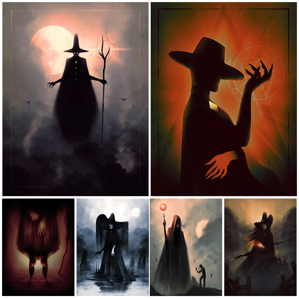 

Witch,Warlock,Black Magic Vintage Wall Art Canvas Painting Mysterious Wizard, Witchcraft Art Poster And Print Home Decoration