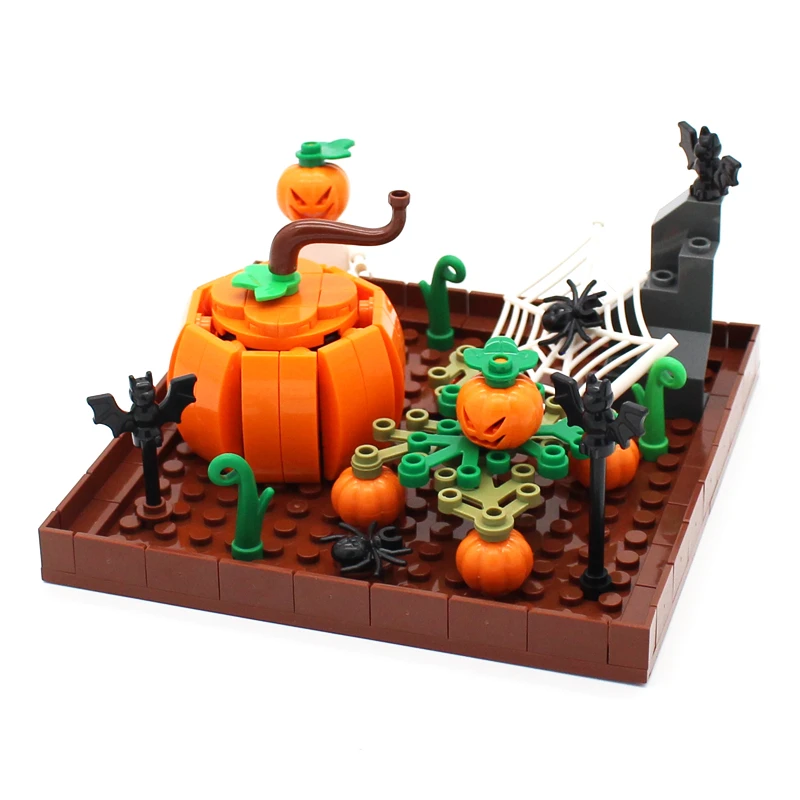 

Модель на Хэллоуин, тыква, модель MOC, набор строительных блоков с летучими мышами, черный паук, растения, украшения, аксессуары, кирпичи, игрушки, подарок для детей
