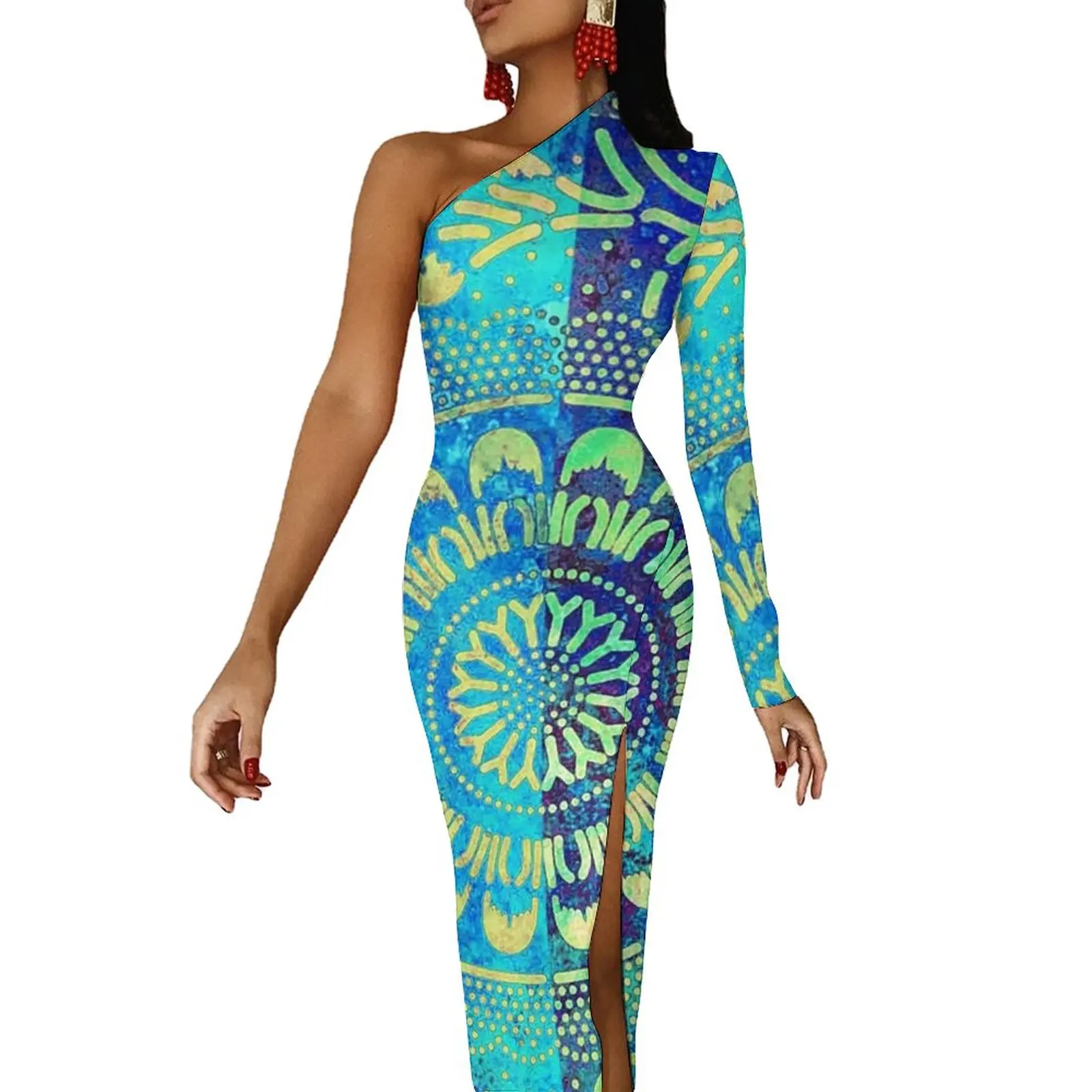 

Bohemian Lagoon Long Dress Womens Blue Mandala Print Aesthetic Maxi Dress Summer Club Bodycon Dresses Side Split Graphic Vestido