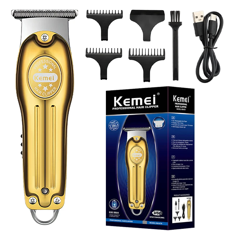 

Kemei Mens Hair Clipper Cordless Hair Trimmer Beard Professional Haircut Kit For Men Rechargeable Gold Metal Grooming Tool