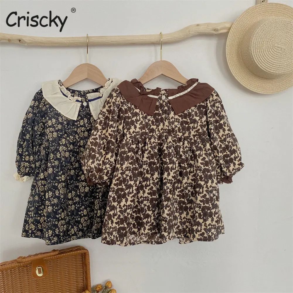 

Criscky 2022 Winter Baby Girls Floral Princess Dress Corduroy Thicken Warm Puff Sleeve Toddler Kids Clothes Children Dresses