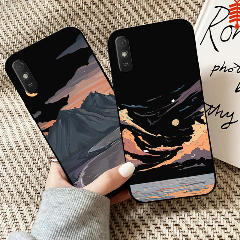 

Hand Painting Landscape Phone Case For Xiaomi Redmi 9A Case For Redmi 9AT Liquid Silicon Black Soft Carcasa Silicone Cover