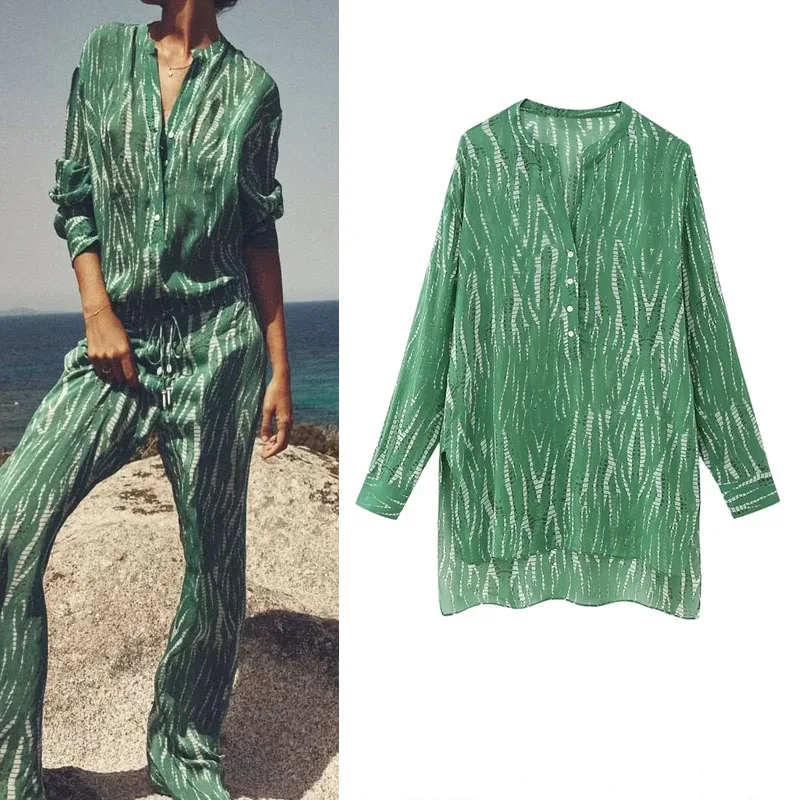 

TRAF 2023 Woman Long Print Blouses Vintage Round Collar Single Breasted Shirts Asymmetric Hem Long Sleeve Shirt Summer Chic Tops