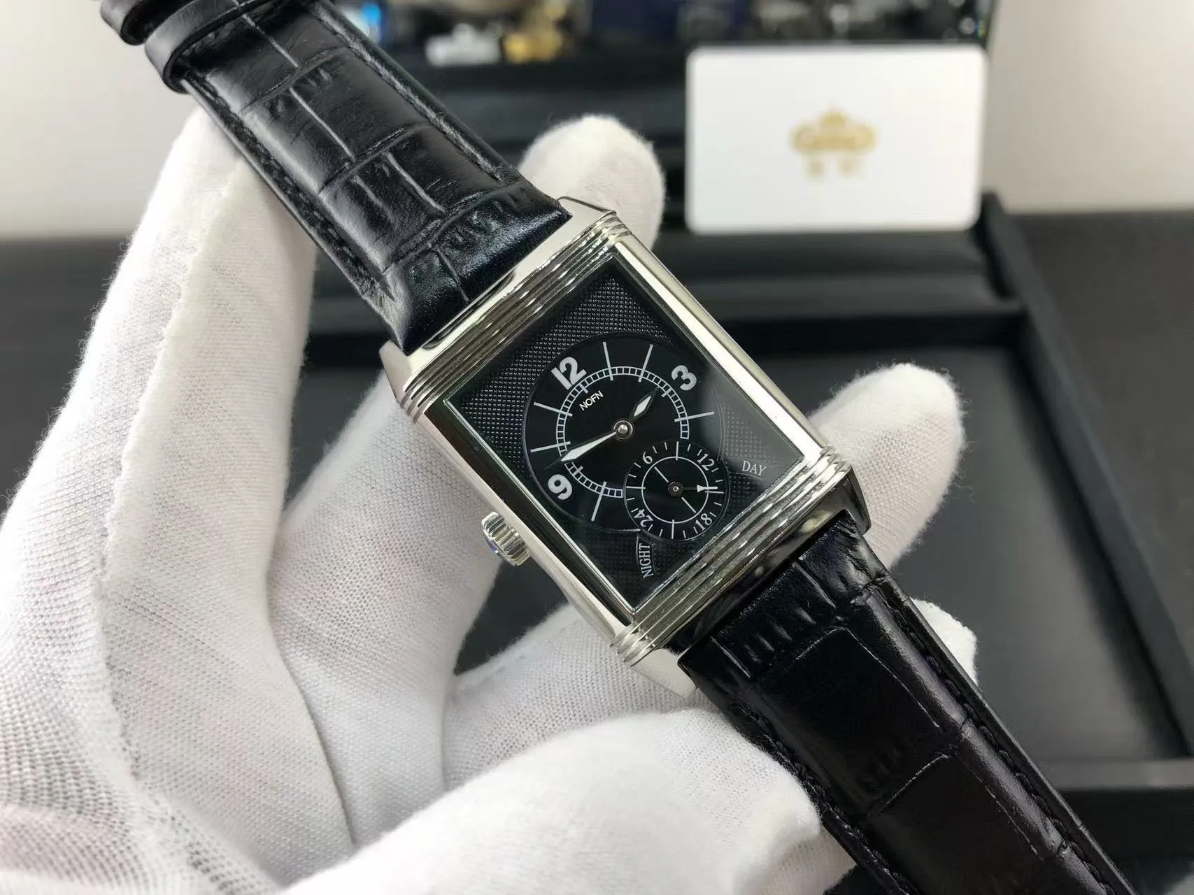 Фото Nofn man squre Reverso Tribute Small Seconds кожаный ремешок A854A 2-лицевые автоматические механические мужские часы для мужчин menl №5