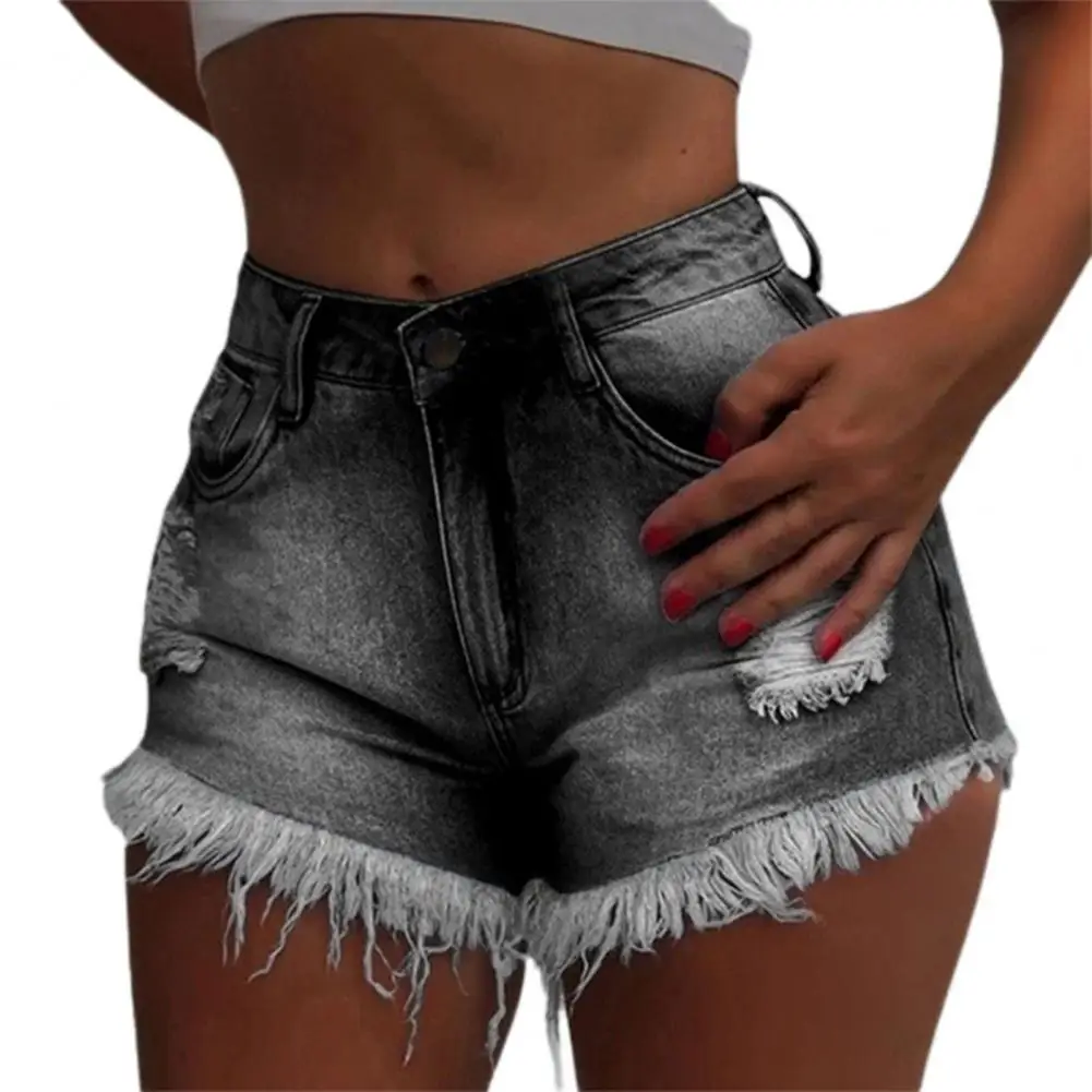 

High Waist Pockets Button Women Shorts Tassle Ripped Holes Denim Shorts Streetwear