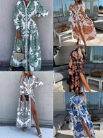 2022 spring and summer new womens fashion printing long v neck single breasted long dress women