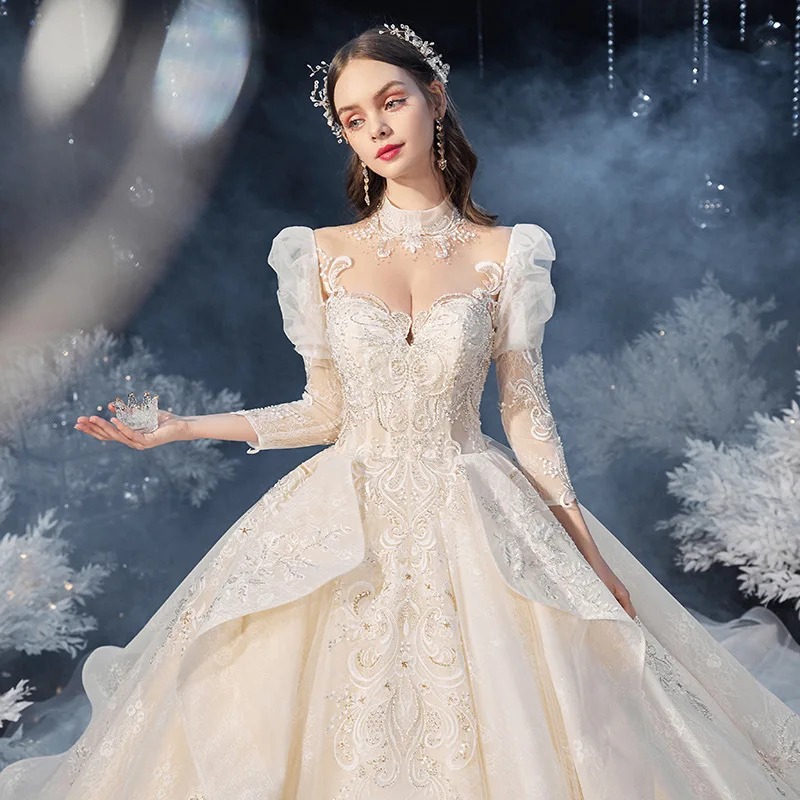 

Bride dresses wedding dress Wedding Dress Bridal Stand Collar Long Sleeve Trailing Temperament Women maxi lace sweet heart