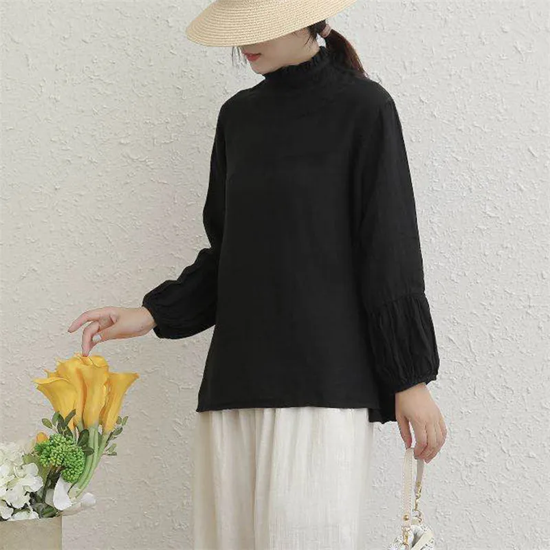 Johnature новые осенние льняные женские топы и блузки 2024 винтажные однотонные