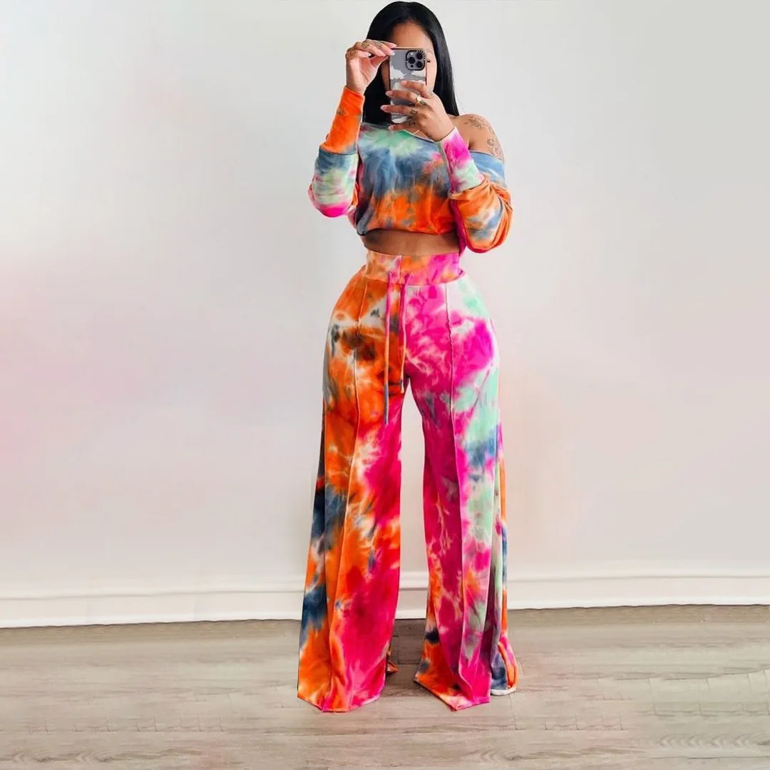 

Tie Dye Women's Tracksuit Off Shoulder Long Sleeve T-shirt and Loose Pants Matching Two 2 Piece Set Outfits Sweatsuit