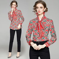 floral print blusas mujer de moda long sleeves chemise femme bowknot ol daily camisas de mujer bow tie blouse women shirts tops