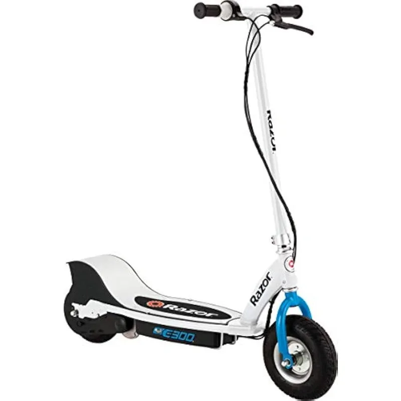 

Razor E300 Electric Scooter - 9" Air-filled Tires, Up to 15 mph and 10 Miles Range, White/Blue