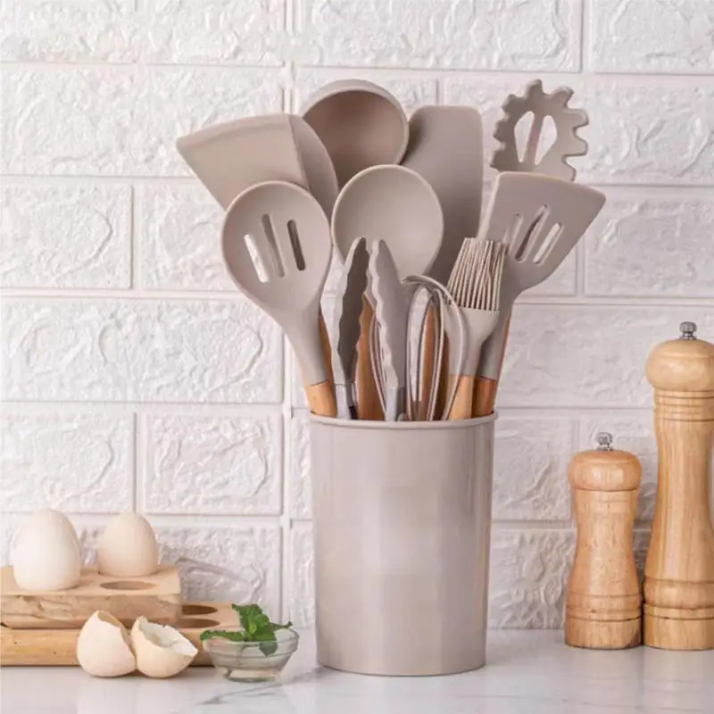 

Hot Sales Silicone Cooking Utensils Set Non-stick Spatula Shovel Wooden Handle Cooking Tools Set With Storage Box Kitchen Tools