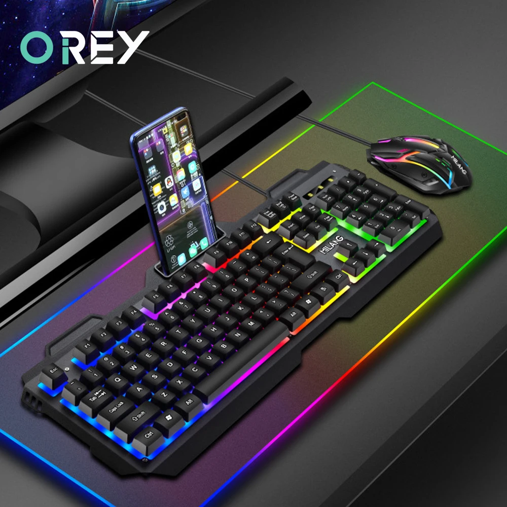 Mechanical Feel Wire Gaming Keyboard Mouse Set USB RGB Colorful Luminous Keyboard Mice for PC Gamer Computer With Phone Holder