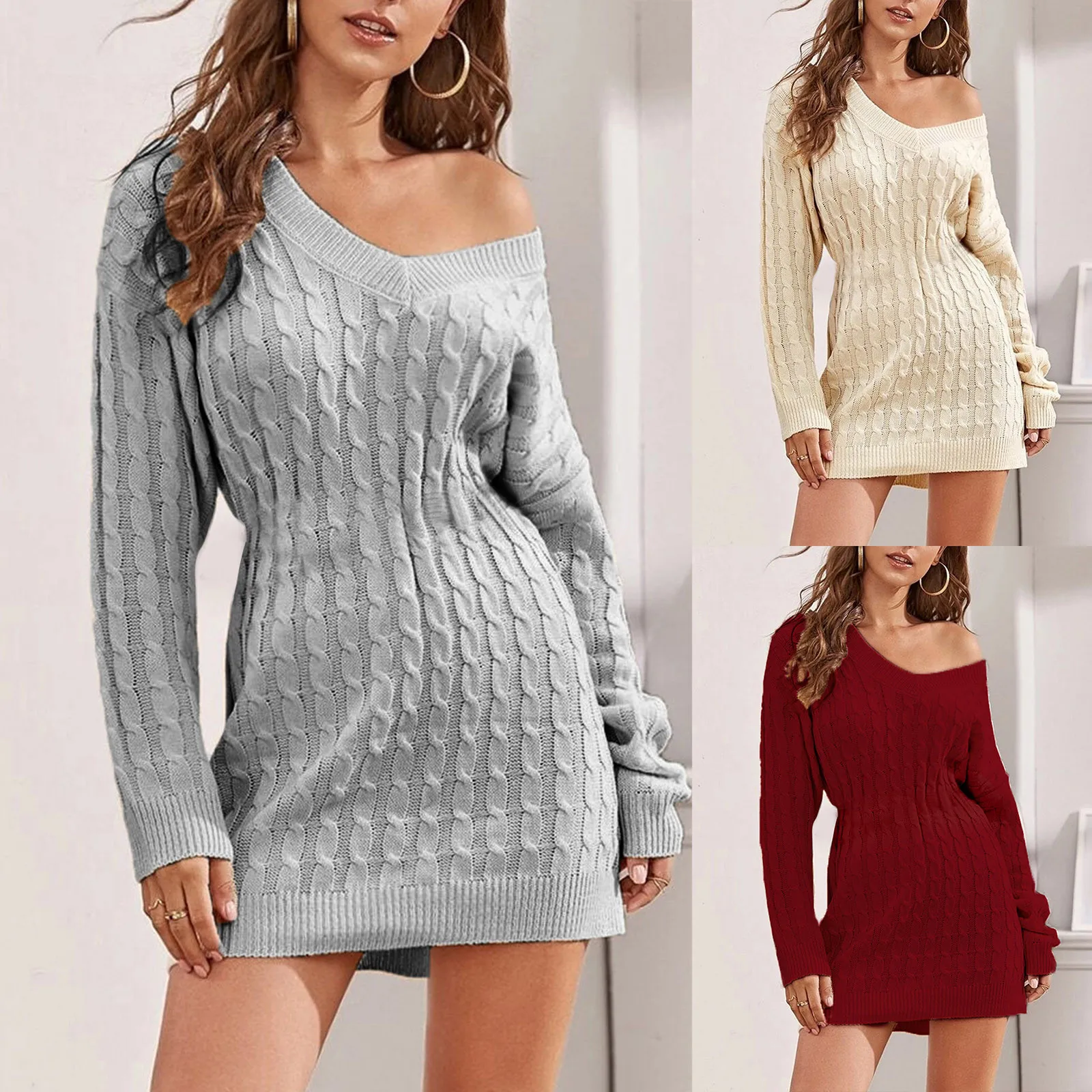 

Womens Casual Sundresses Womens Dress Fitted Off The Shoulder V Neck Knitted Cotton Stretch Solid Color Long Lost Ink Dresses